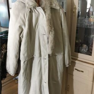 White Trench Coat Plush Fabric Knee Length